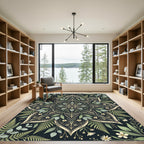 Botanical Green Fern and Wildflower Mandala Rug