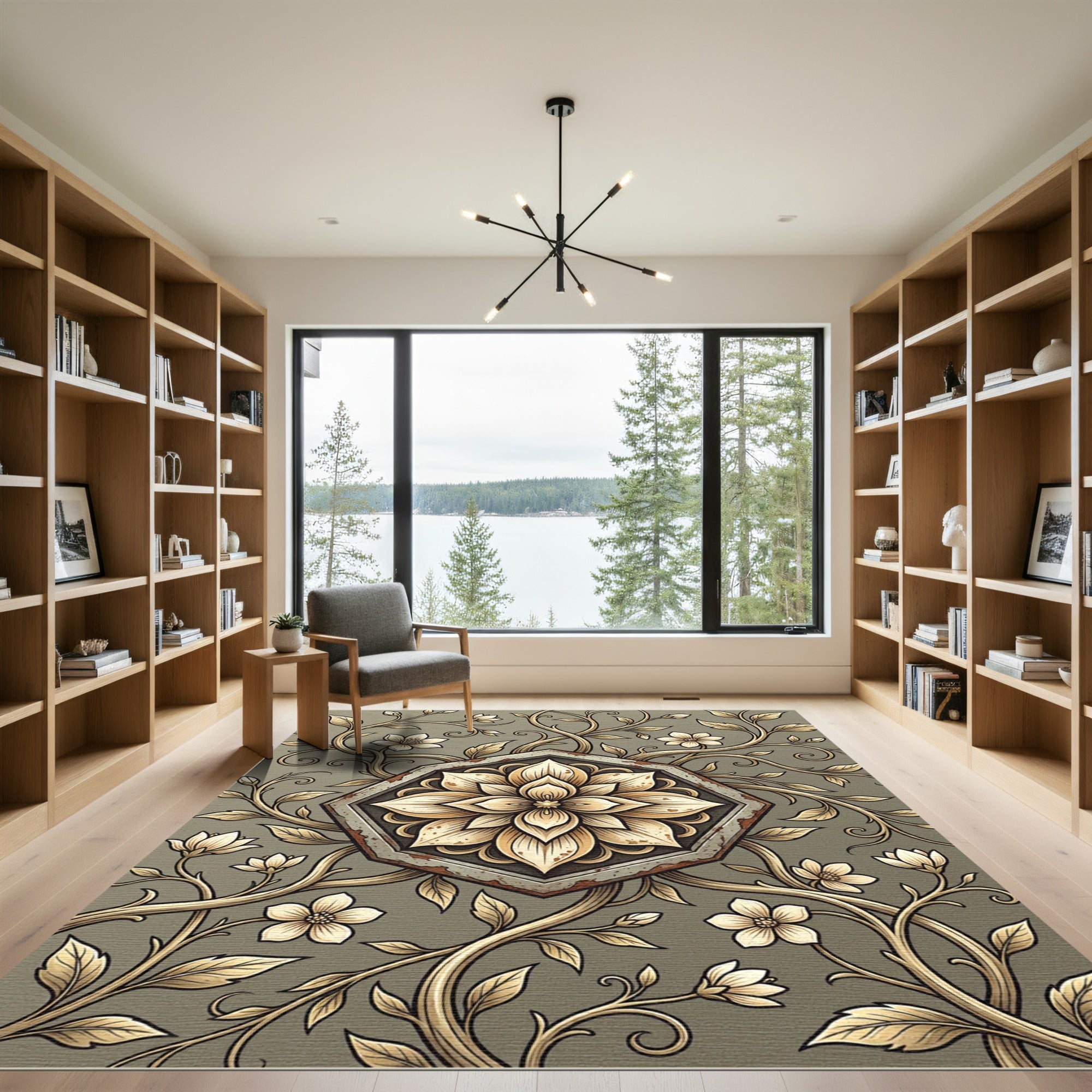 Elegant Golden Floral Hexagon Medallion Rug