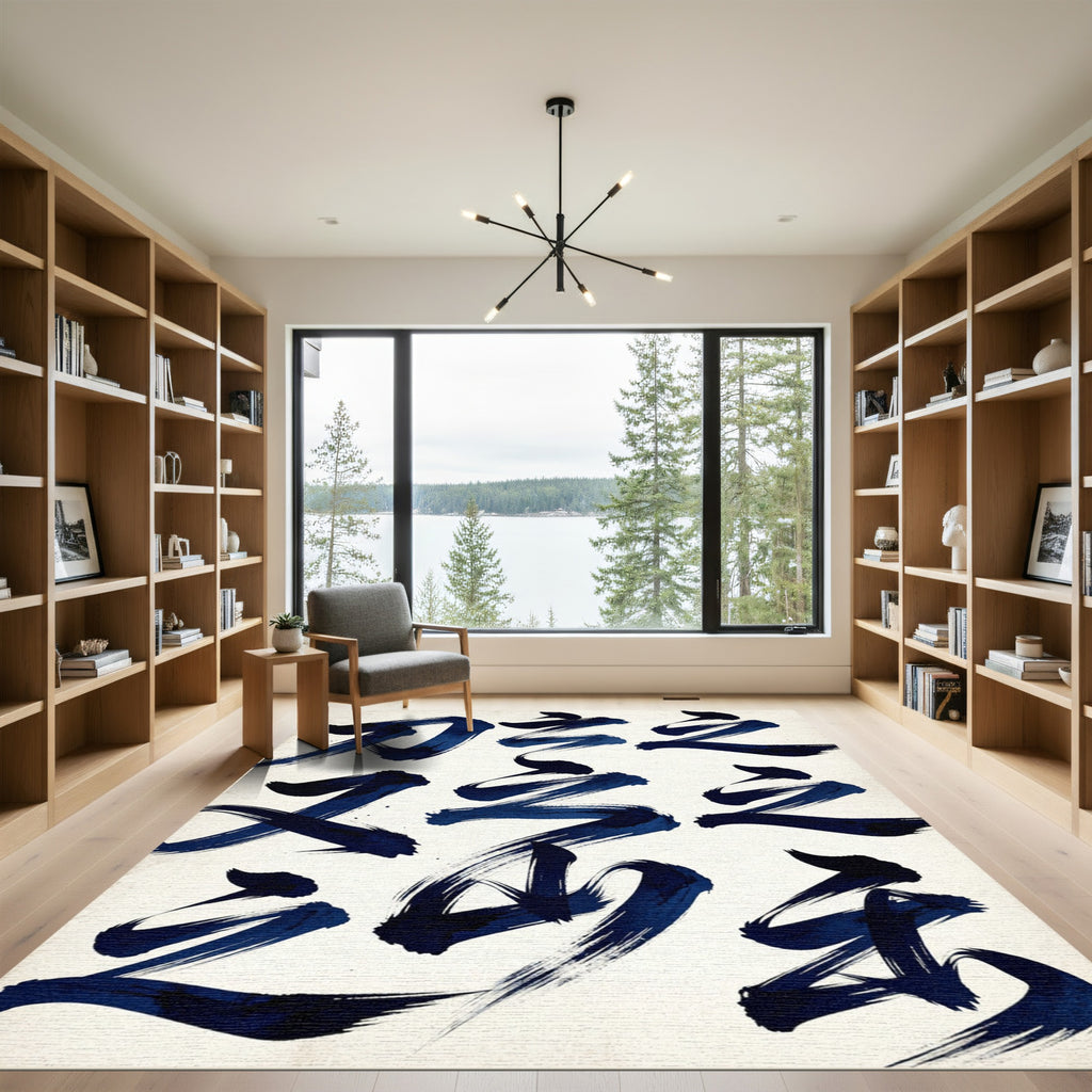 Deep Blue Ink Calligraphy Strokes Rug