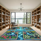 Serene Blue River Blossom Bird Scene Rug