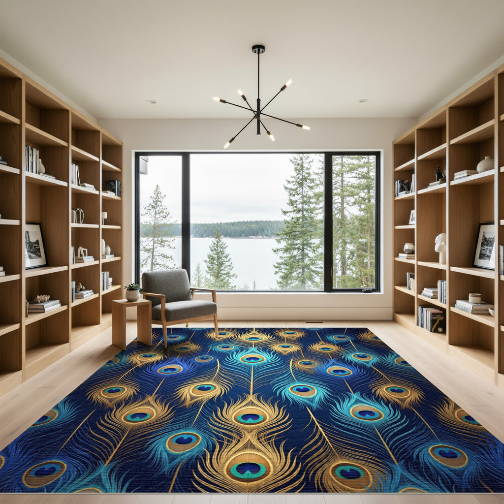 Golden Peacock Feather Royal Blue Rug