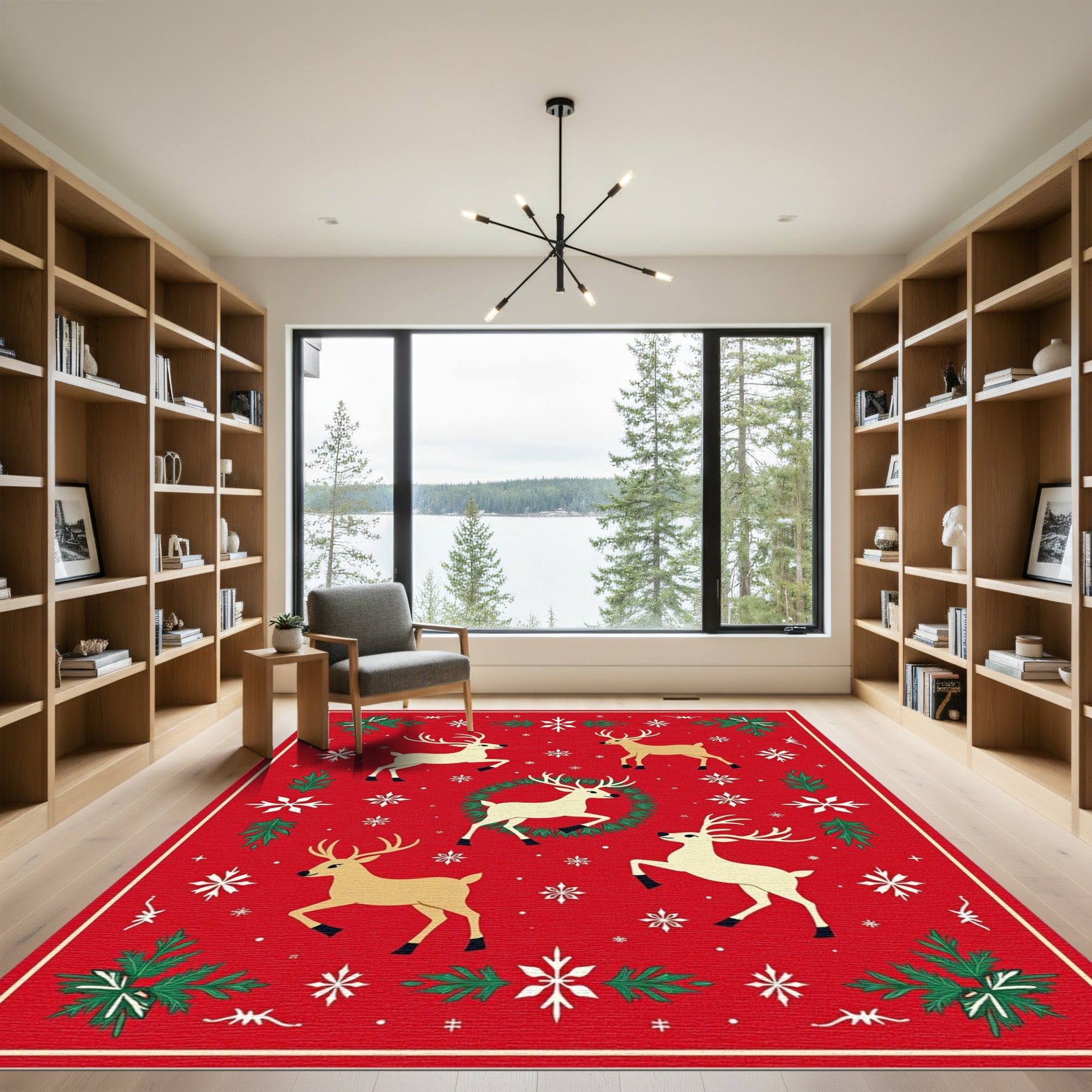 Red Whimsical Reindeer Snowflakes Holiday Rug