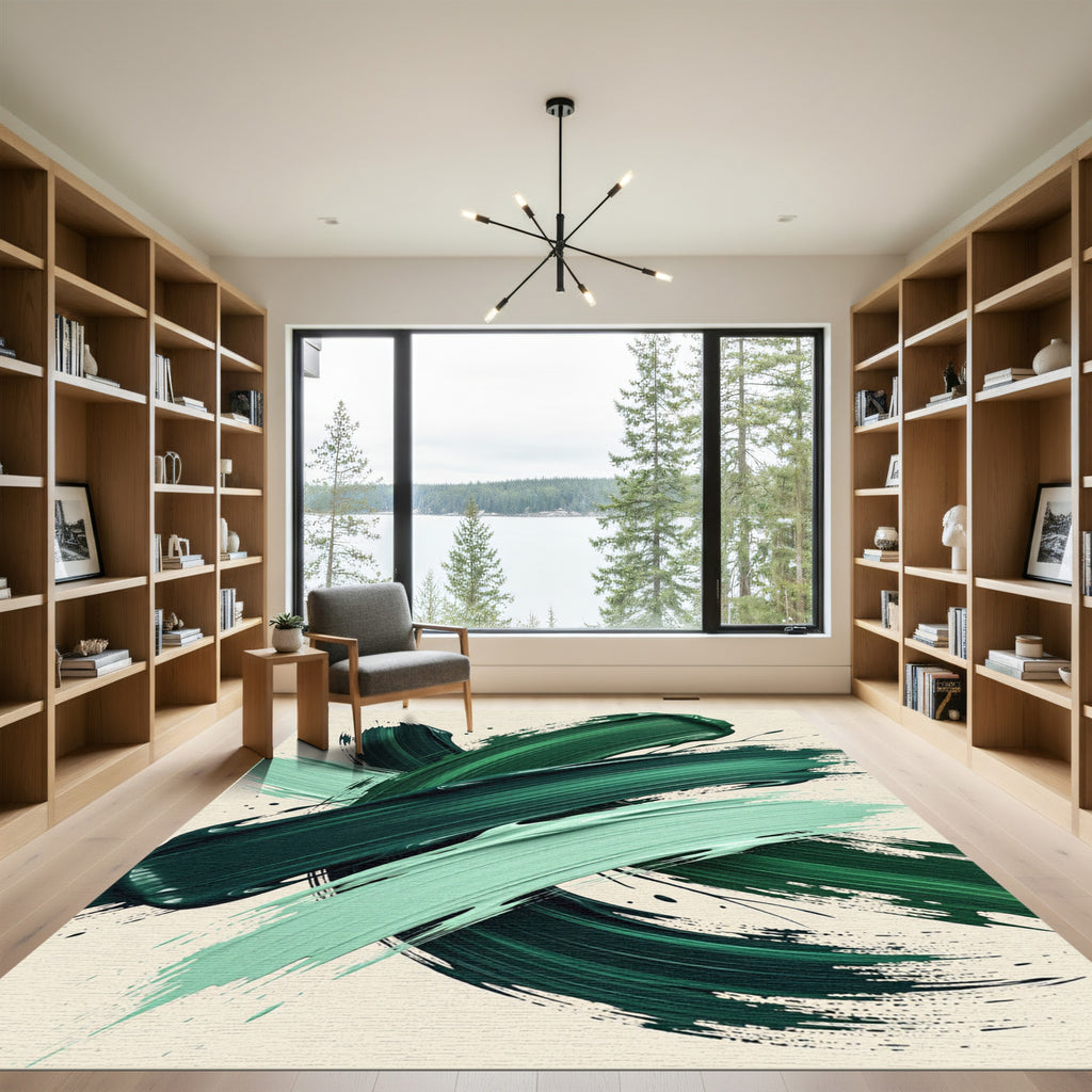 Deep Emerald Brushstrokes Abstract Rug