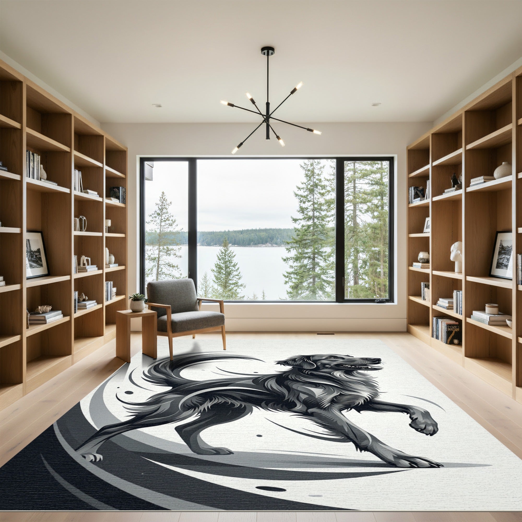 Dynamic Monochrome Running Dog Illustration Rug