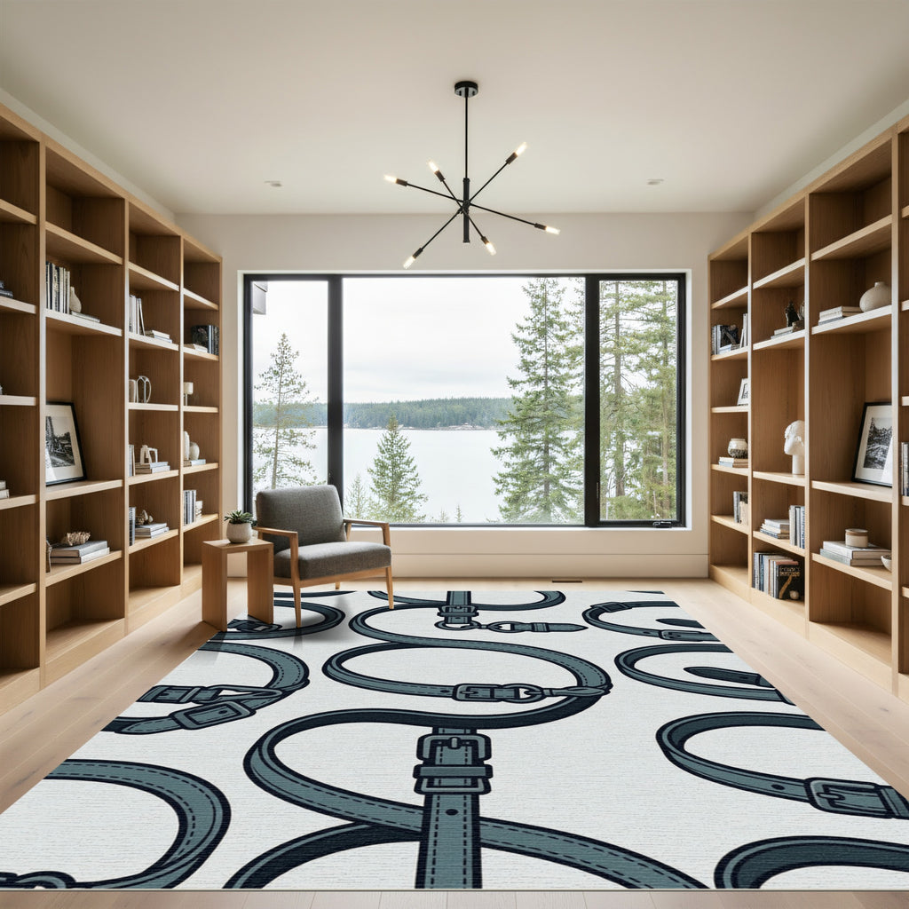 Modern Navy Leather Belt Loop Grid Rug