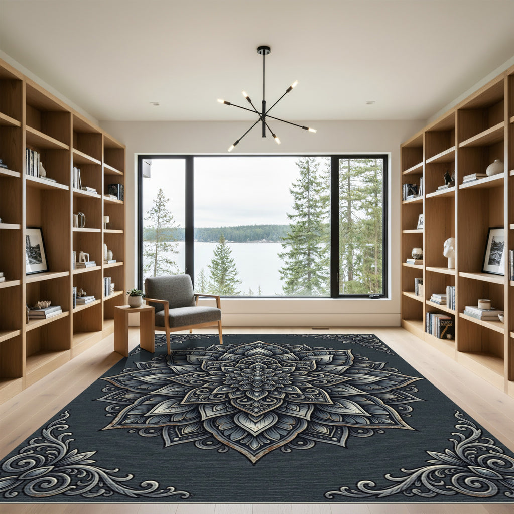 Sophisticated Charcoal Silver Floral Mandala Rug