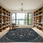 Sophisticated Charcoal Silver Floral Mandala Rug