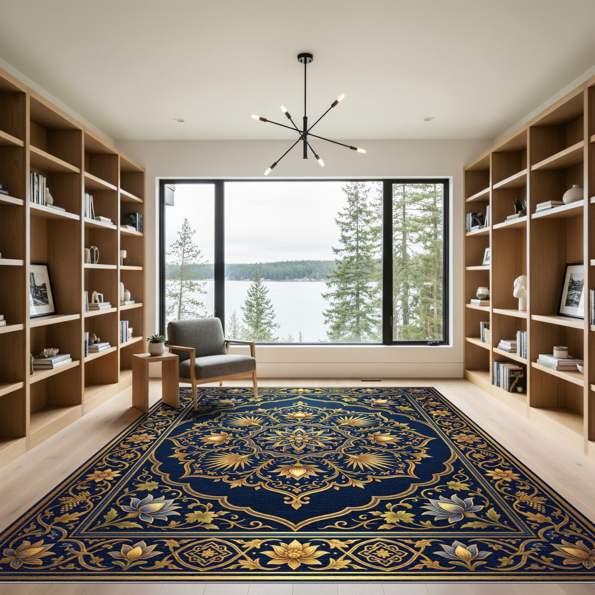Royal Blue Gold Lotus Medallion Rug