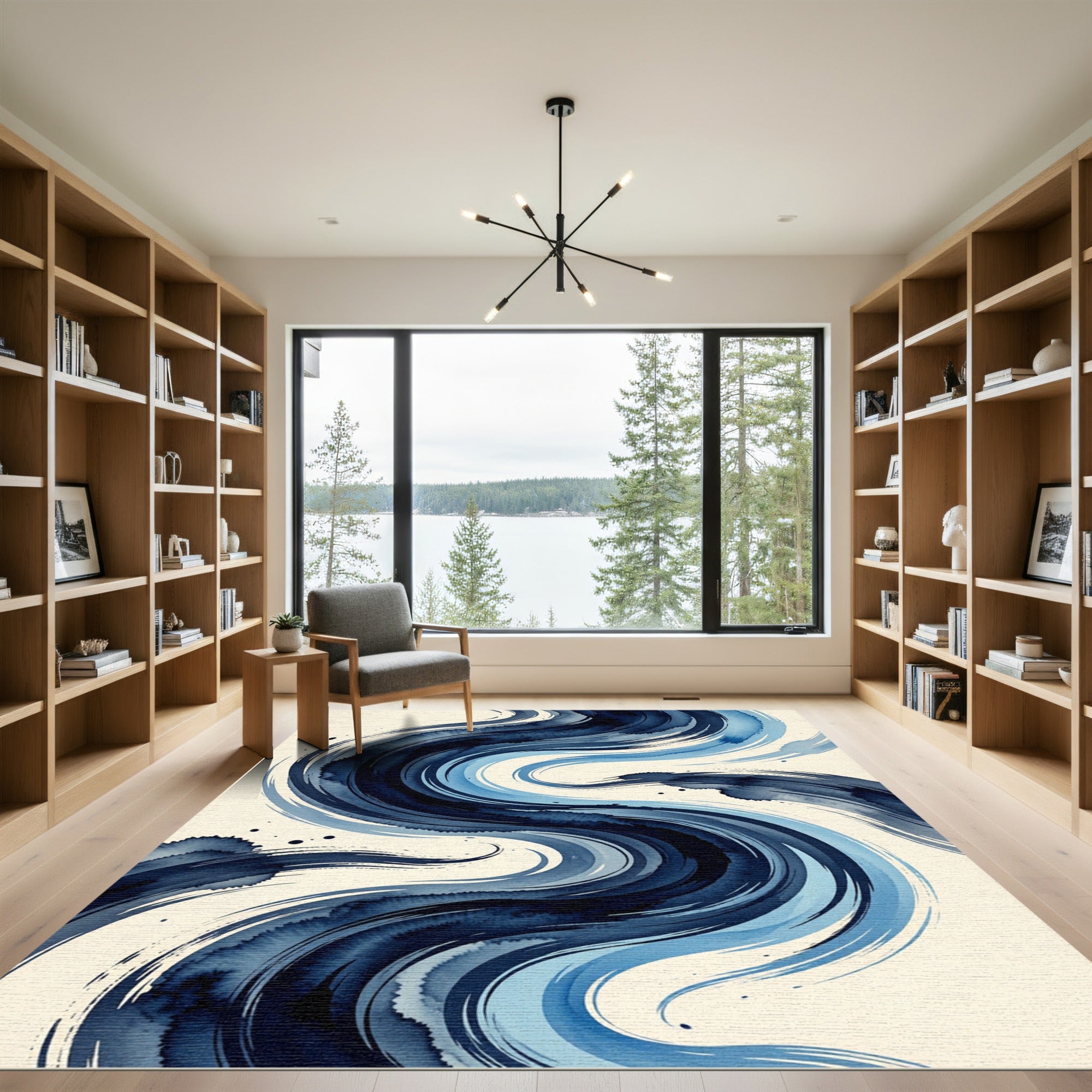 Deep Indigo Fluid Abstract Wave Rug