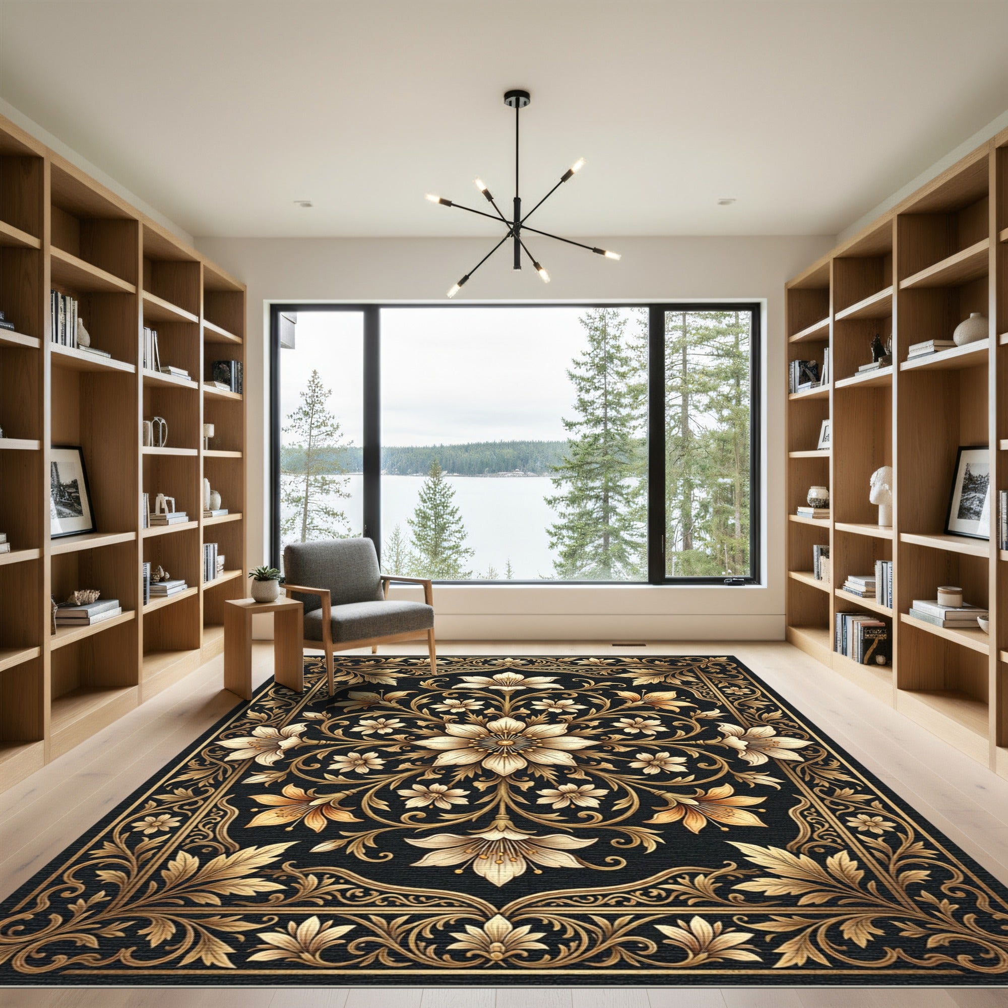 Golden Floral Scrollwork Medallion Rug
