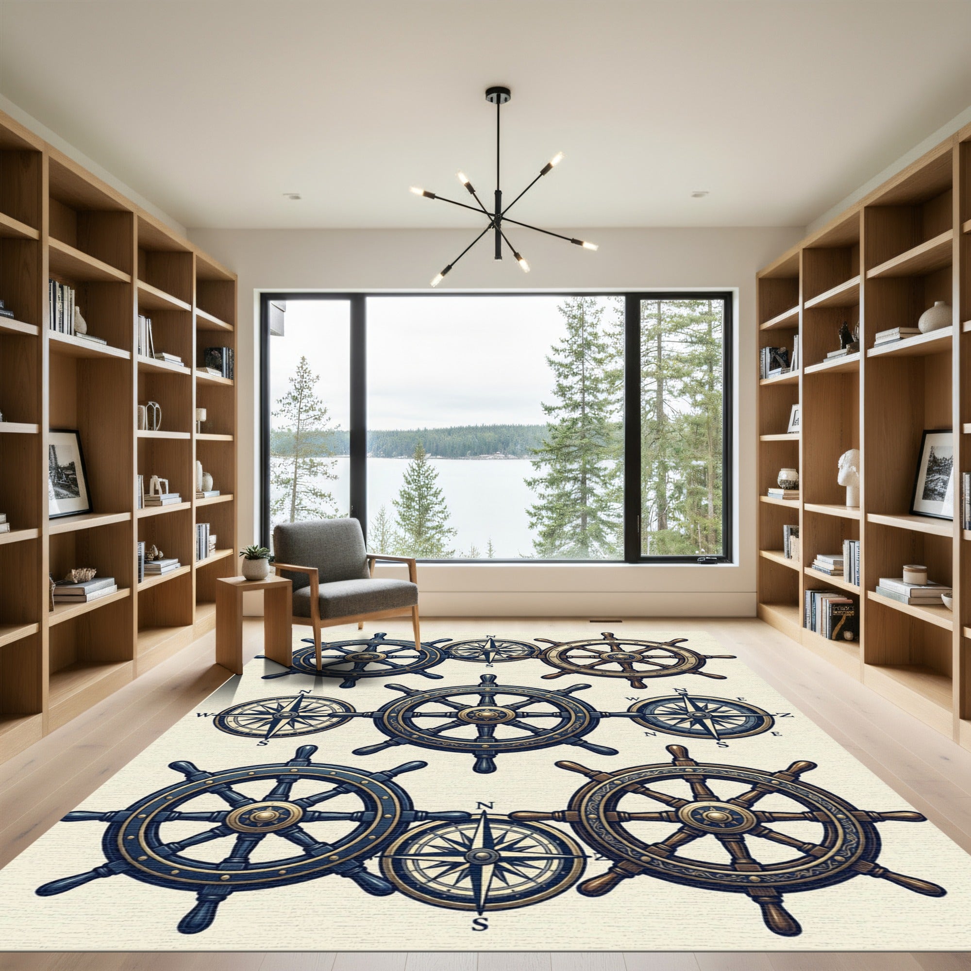 Nautical Brass Compasses and Helm Wheels Rug