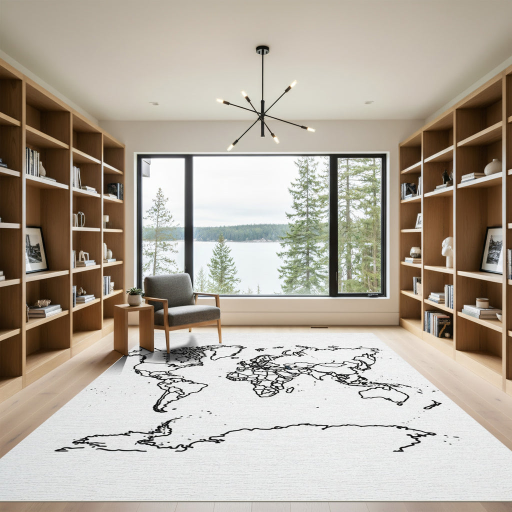 Minimalist Black Contour World Map Rug