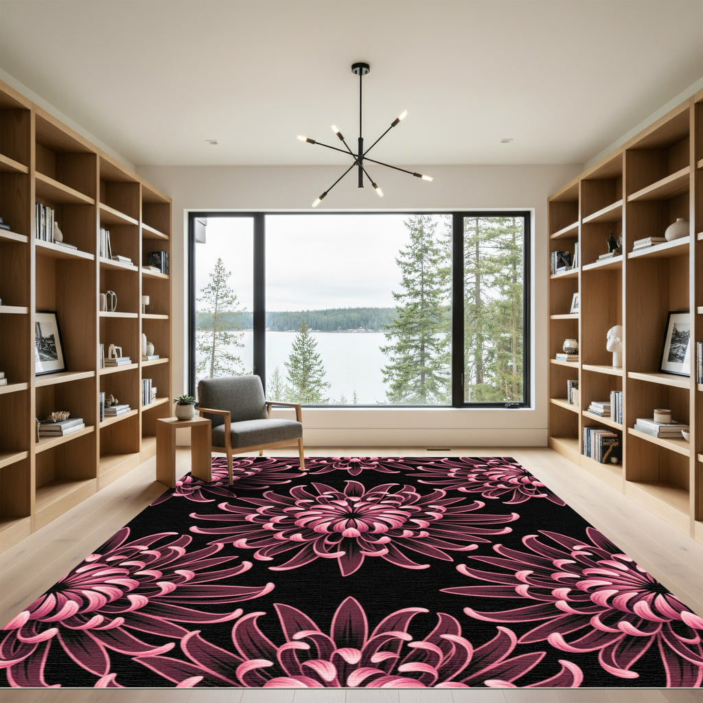 Dark Pink Chrysanthemum Floral Art Rug