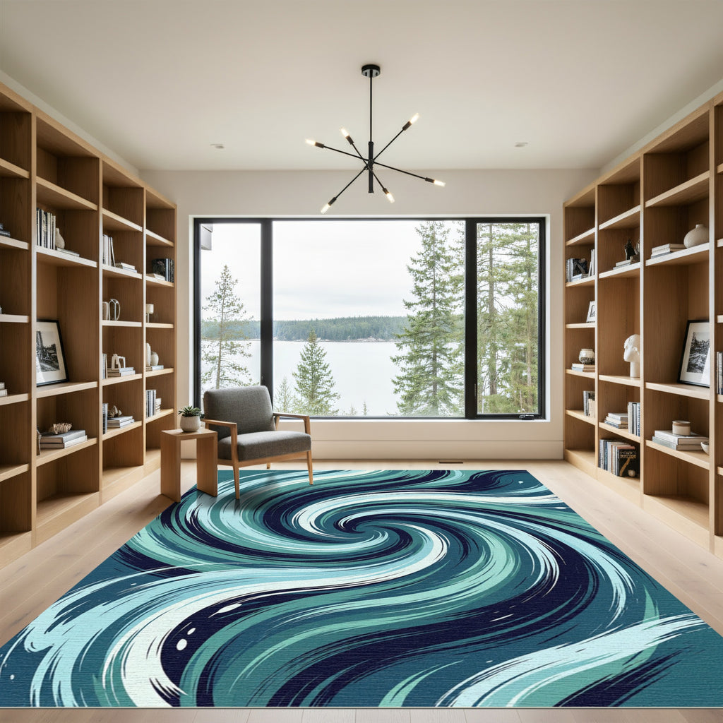Deep Teal Swirl Abstract Flow Rug