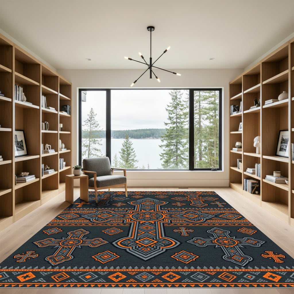 Ornate Charcoal and Orange Cross Emblem Rug
