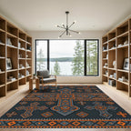 Ornate Charcoal and Orange Cross Emblem Rug