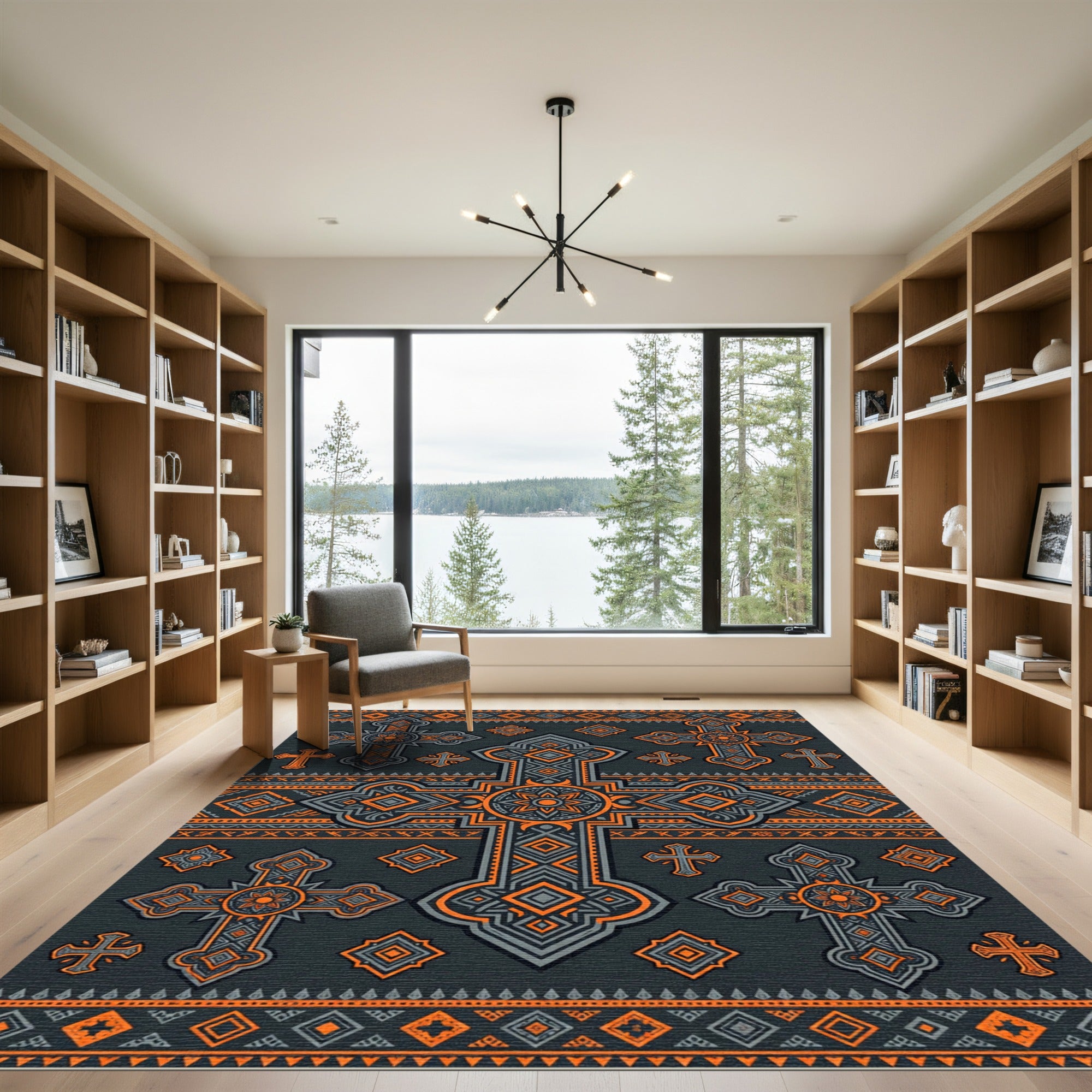 Ornate Charcoal and Orange Cross Emblem Rug