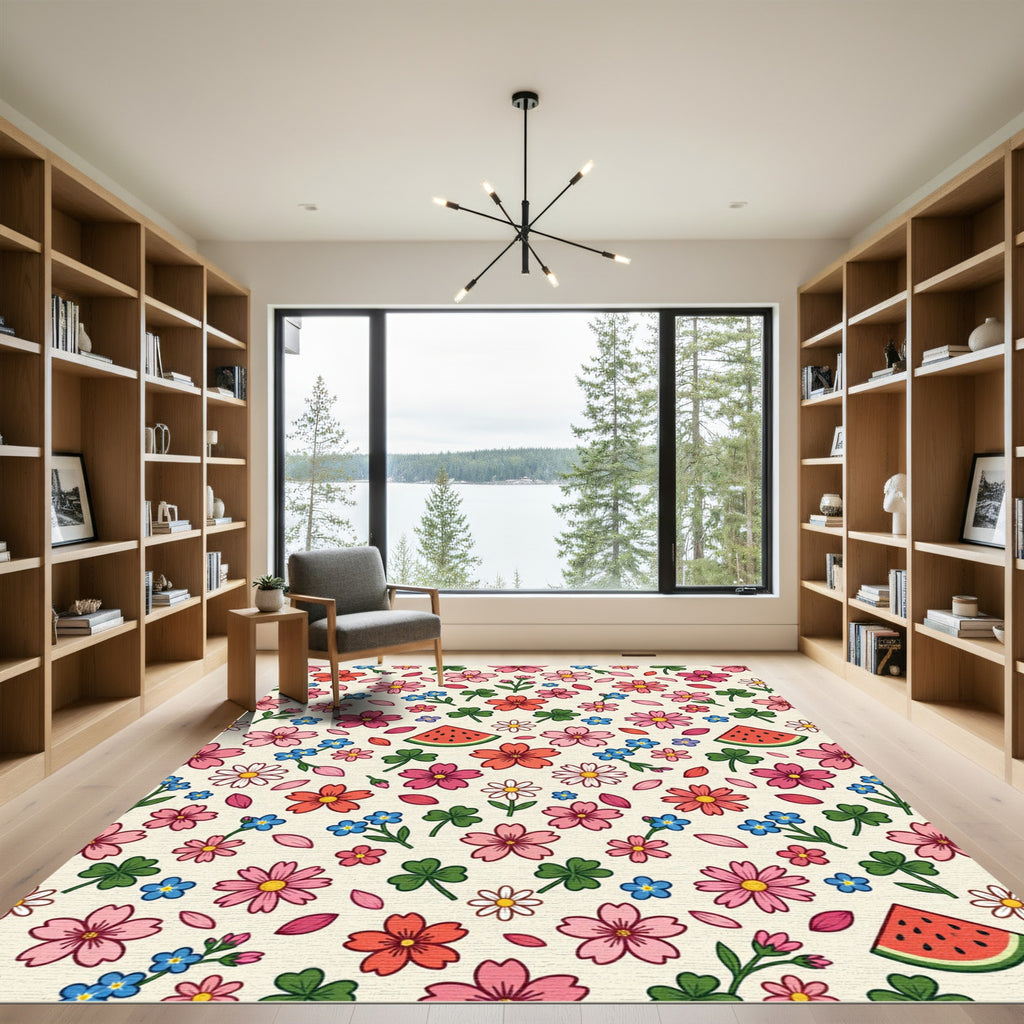Cheerful Pink Floral Watermelon Meadow Rug