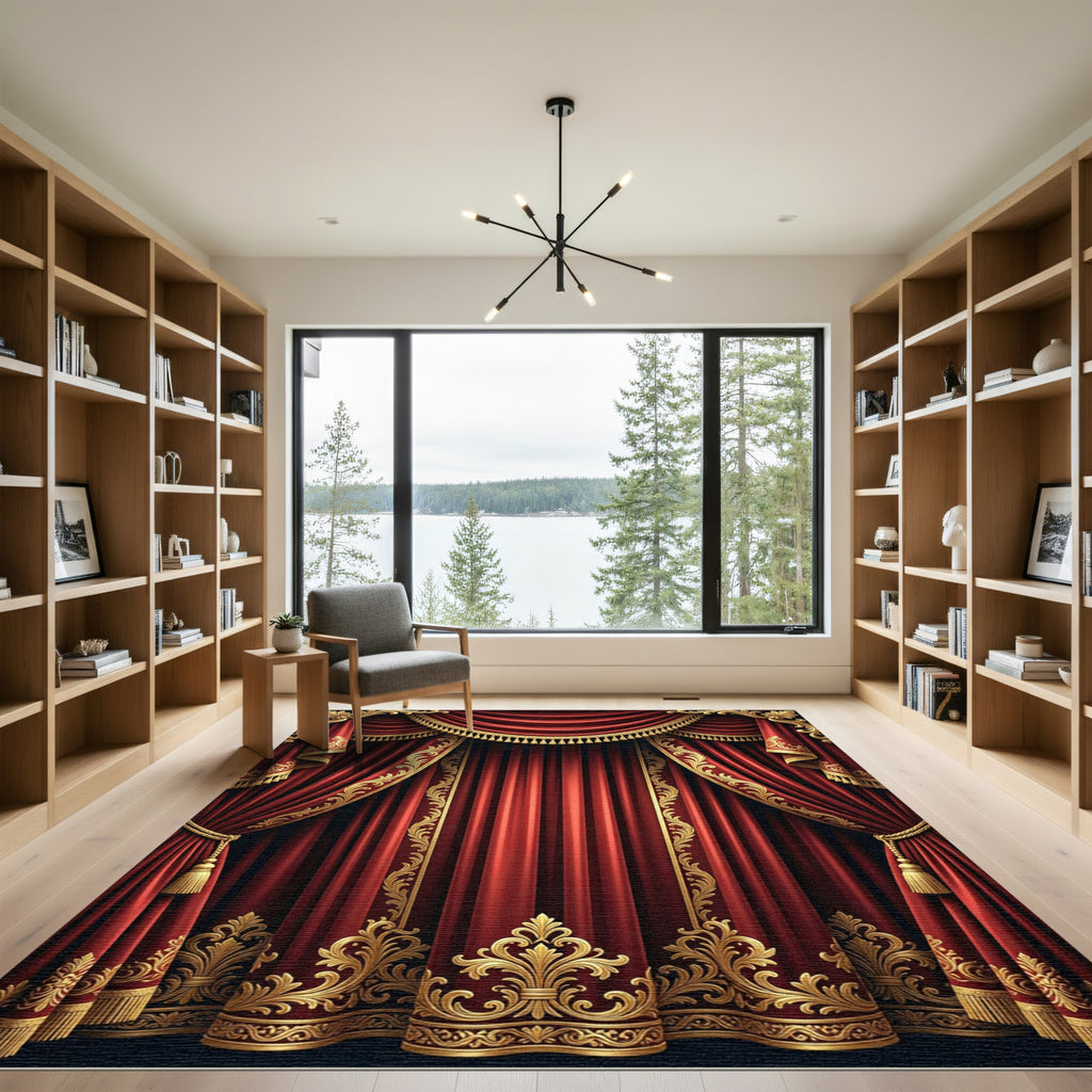 Crimson Red Velvet Ornate Textile Rug