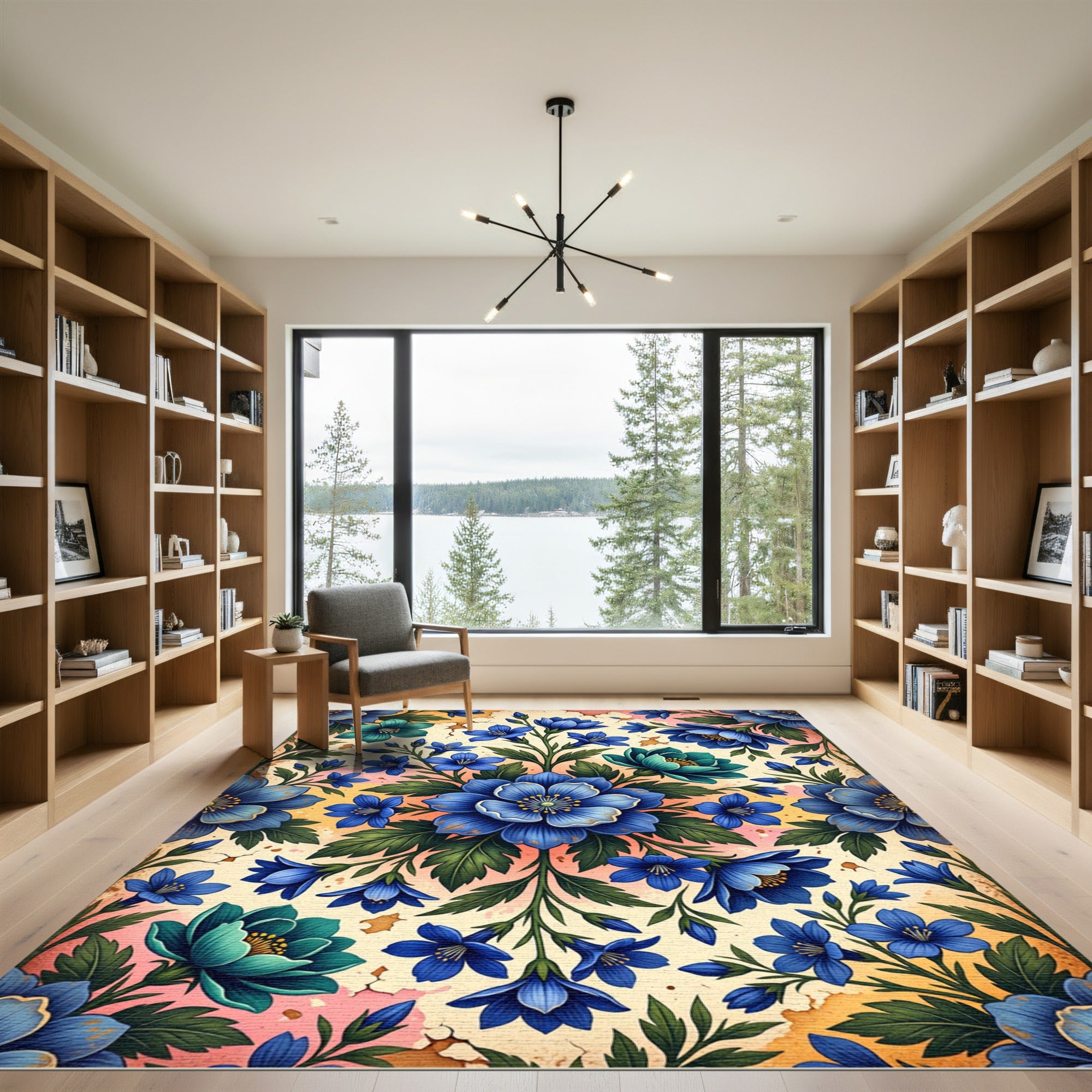 Vibrant Blue Floral Garden Arrangement Rug