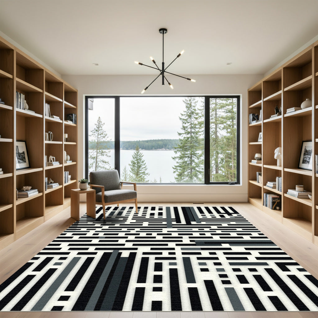 Black Gray Abstract Rectangular Grid Rug