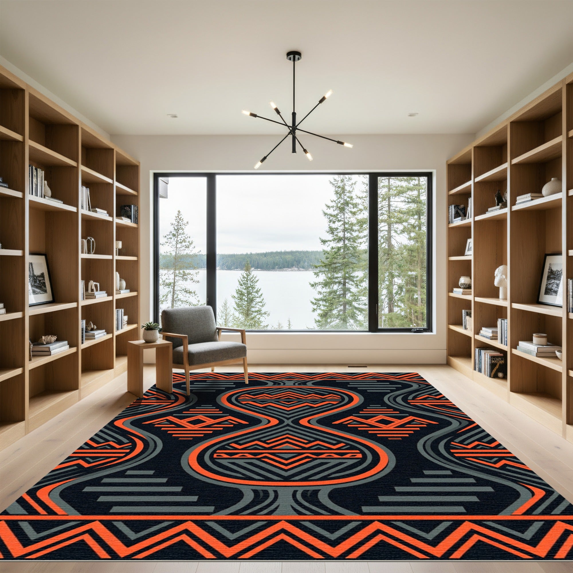 Bold Orange Charcoal Symmetric Tribal Geometric Rug