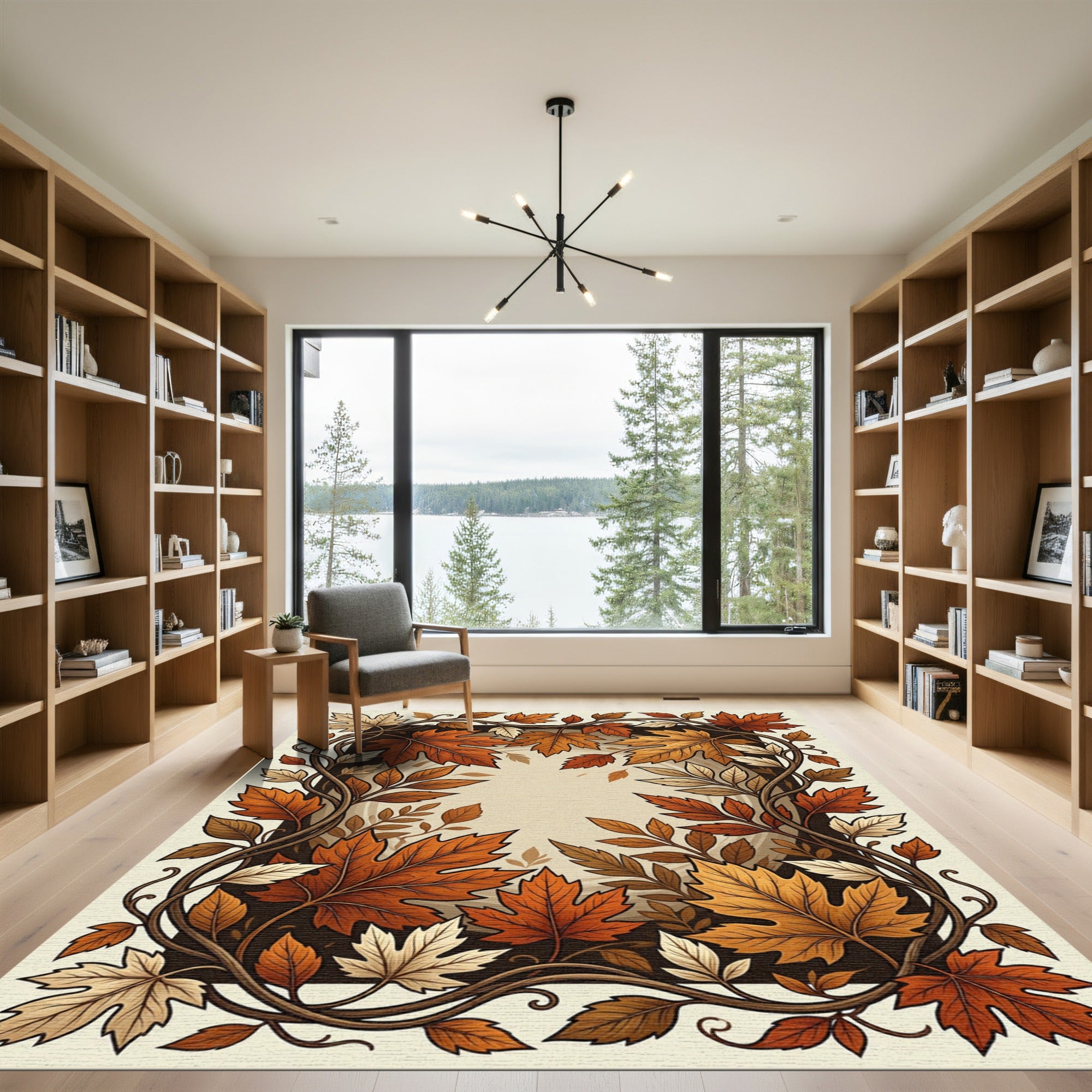Earthy Autumnal Maple Leaf Border Rug