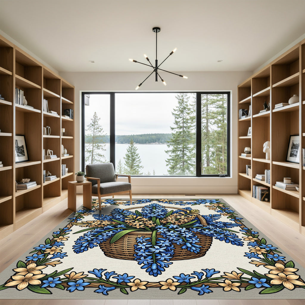 Blue and Cream Hyacinth Flower Basket Rug