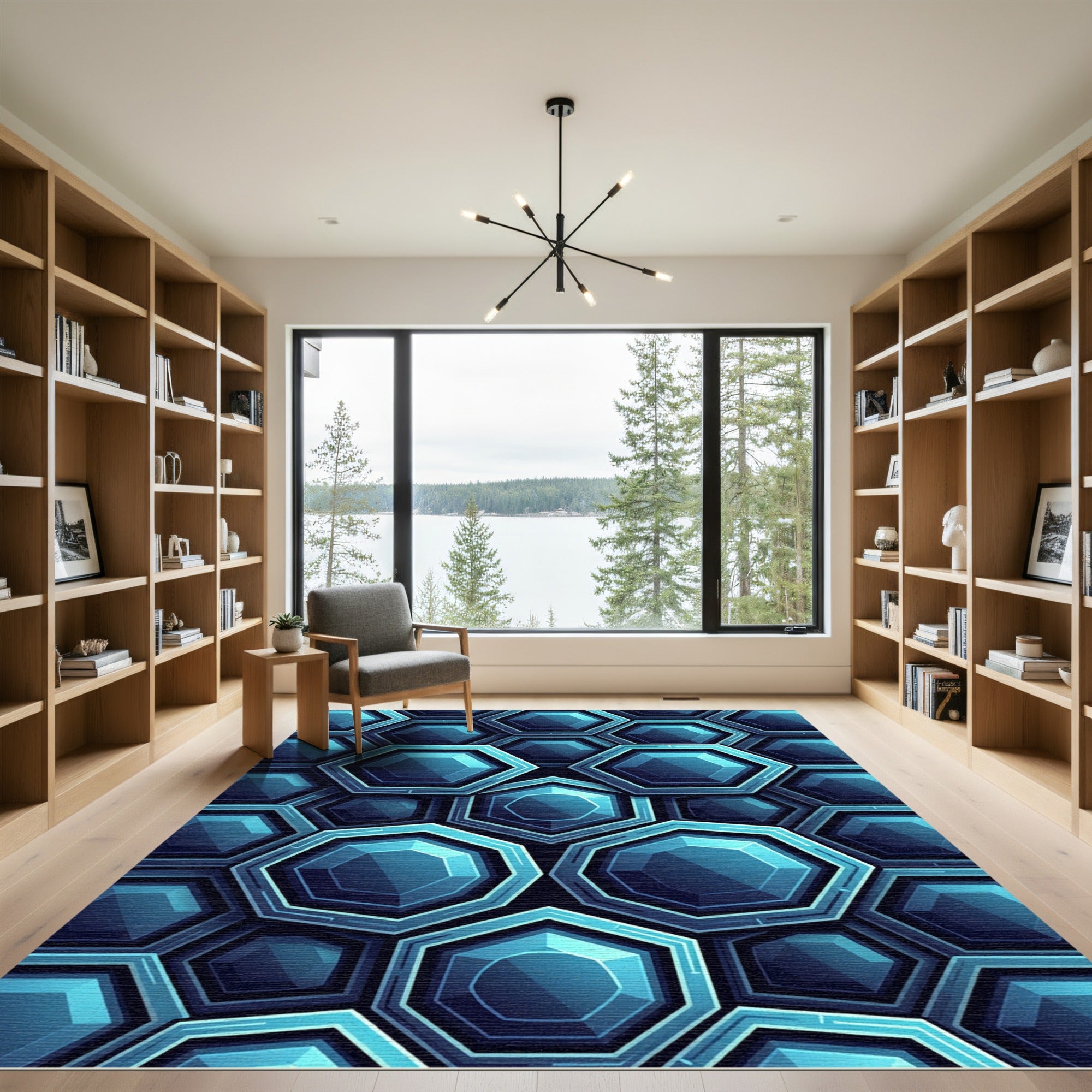 Modern Blue Geometric Hexagon Illusion Rug
