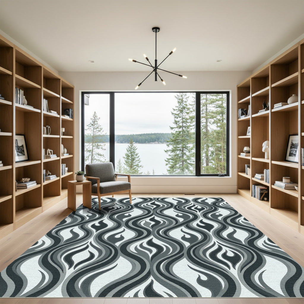Monochrome Wavy Flame Abstract Stream Rug
