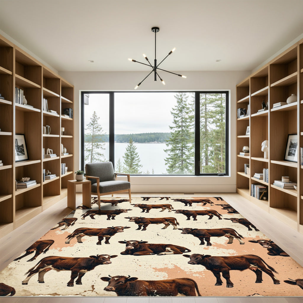Rustic Brown Calf Farmhouse Illustration Rug