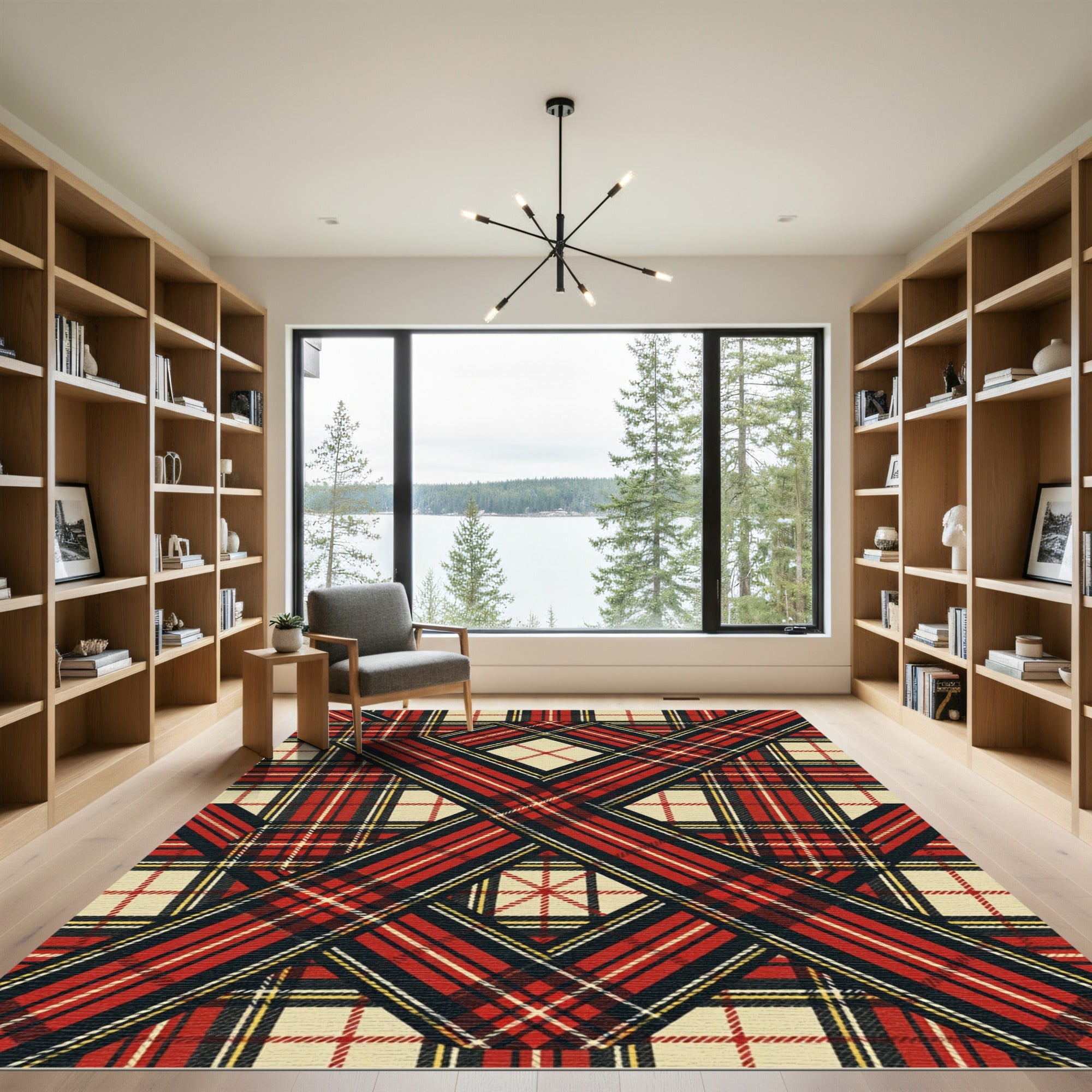 Red Tan Black Plaid Interwoven Lines Rug