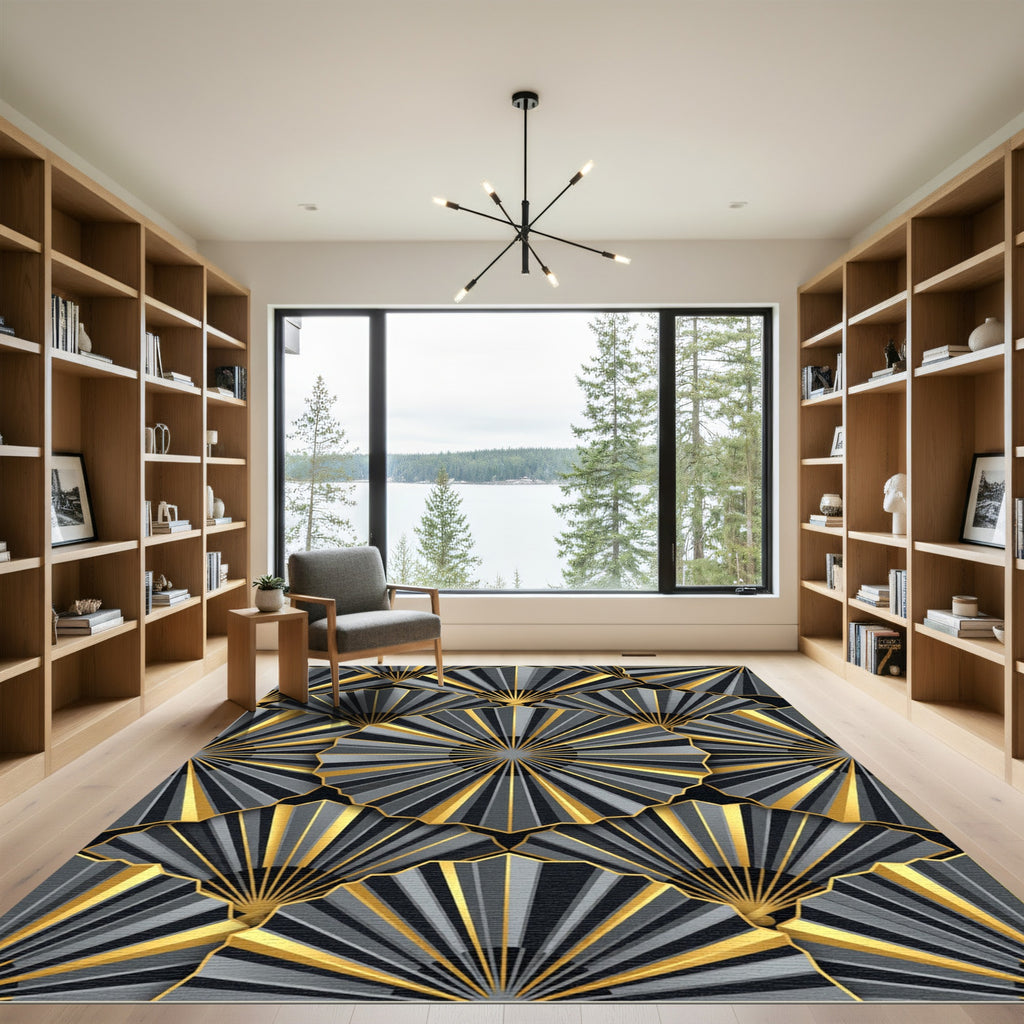Art Deco Metallic Gold Fan Overlap Rug