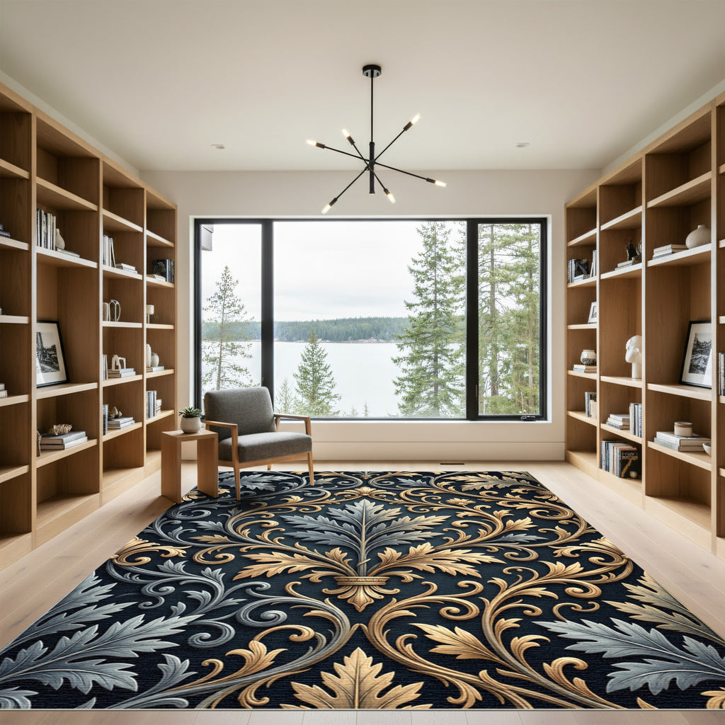 Elegant Gold and Silver Acanthus Scrollwork Rug