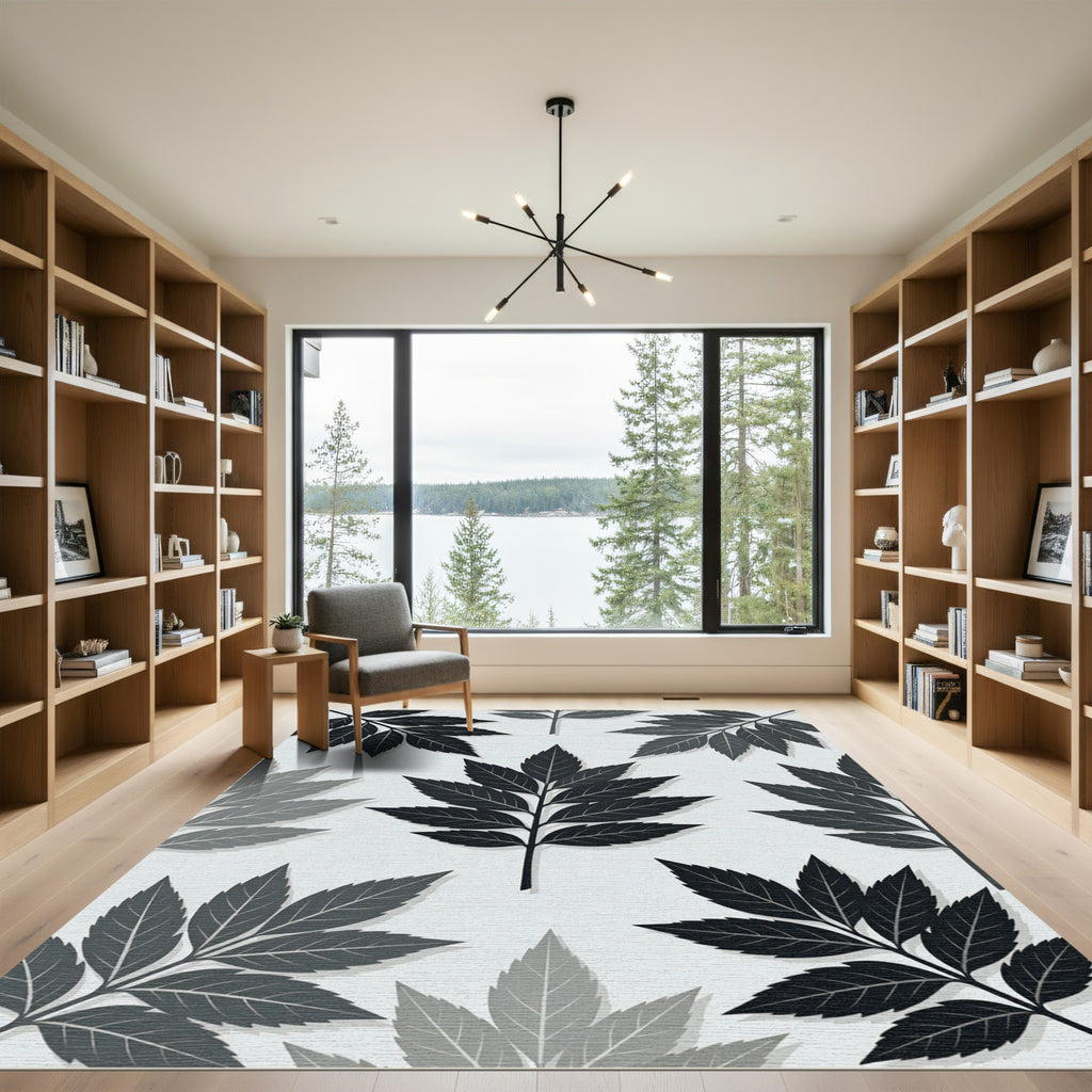 Minimalist Monochrome Botanical Leaf Arrangement Rug