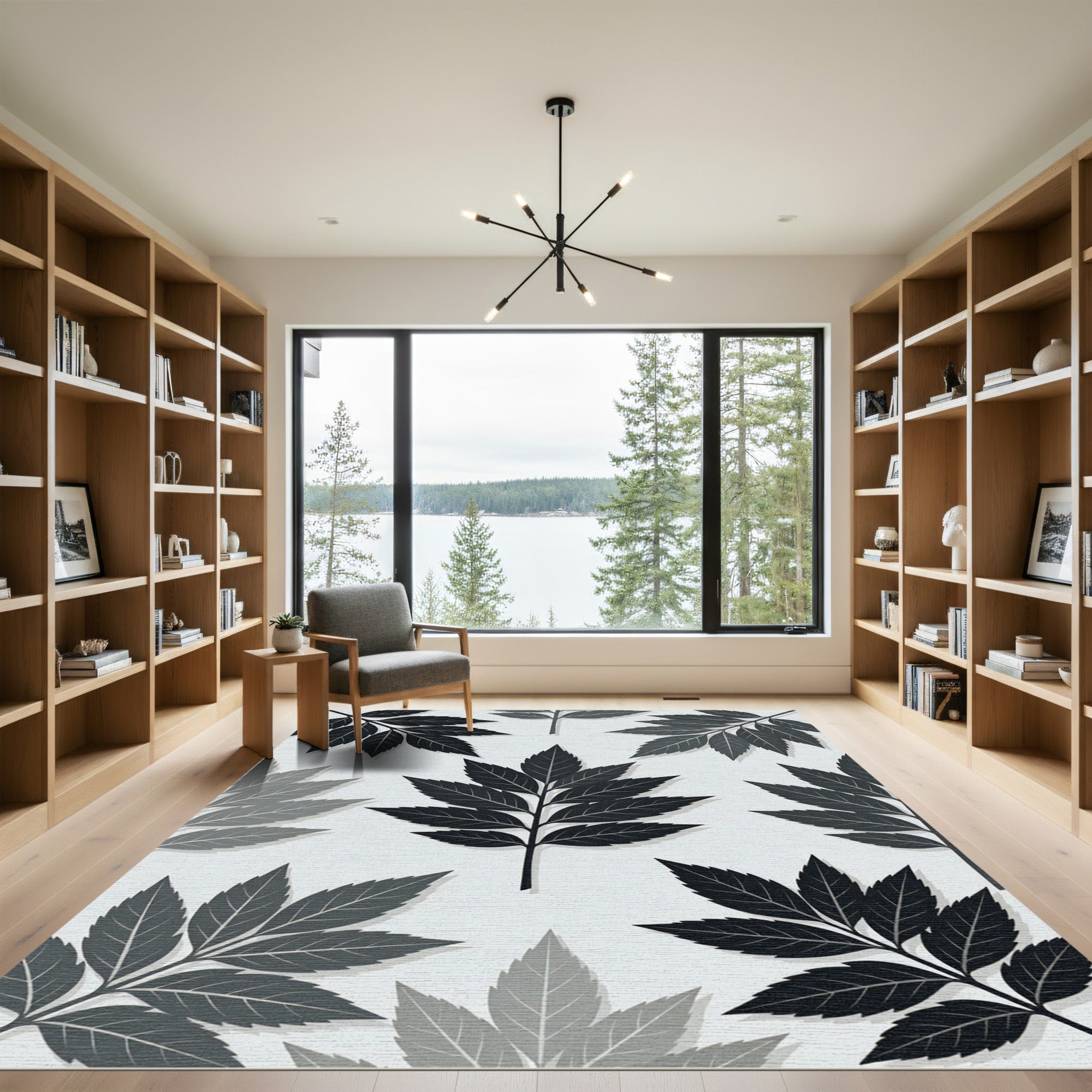 Minimalist Monochrome Botanical Leaf Arrangement Rug