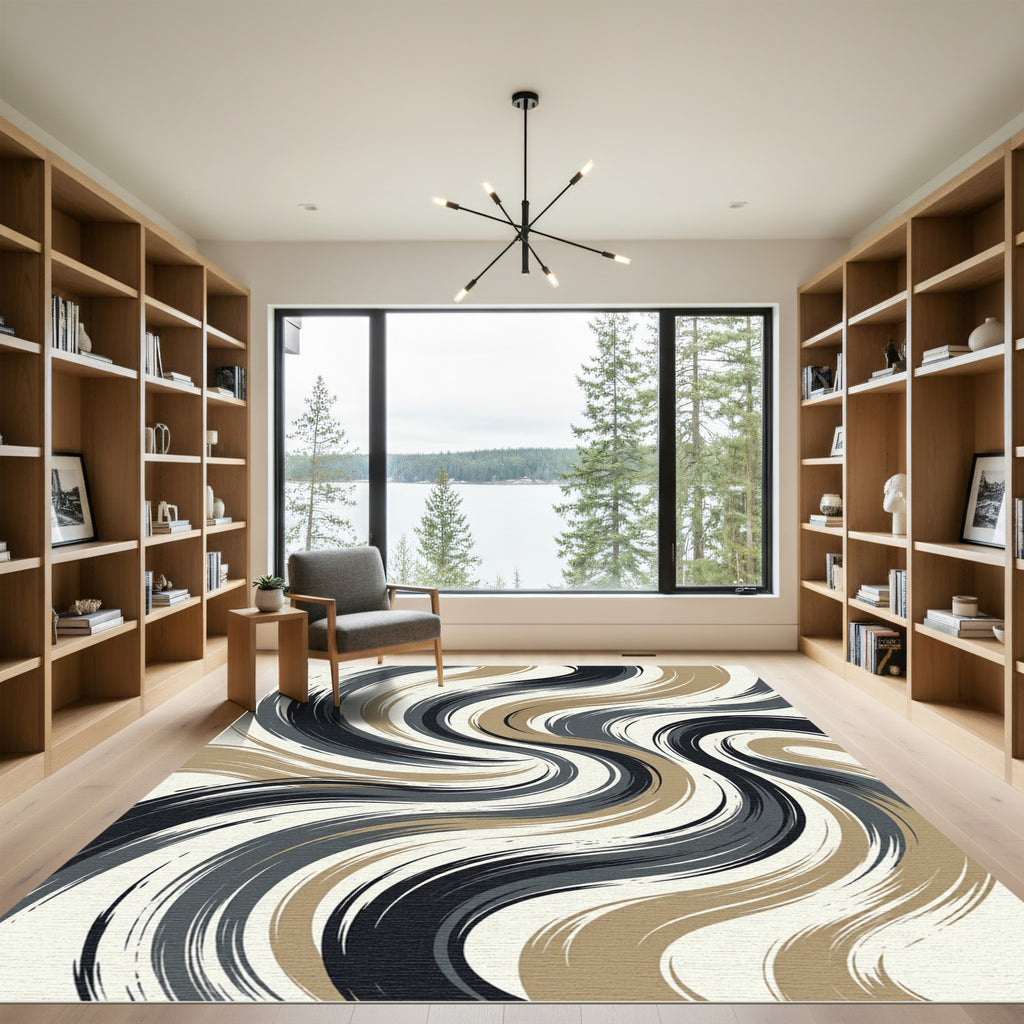 Modern Abstract Swirl in Sand and Charcoal Rug