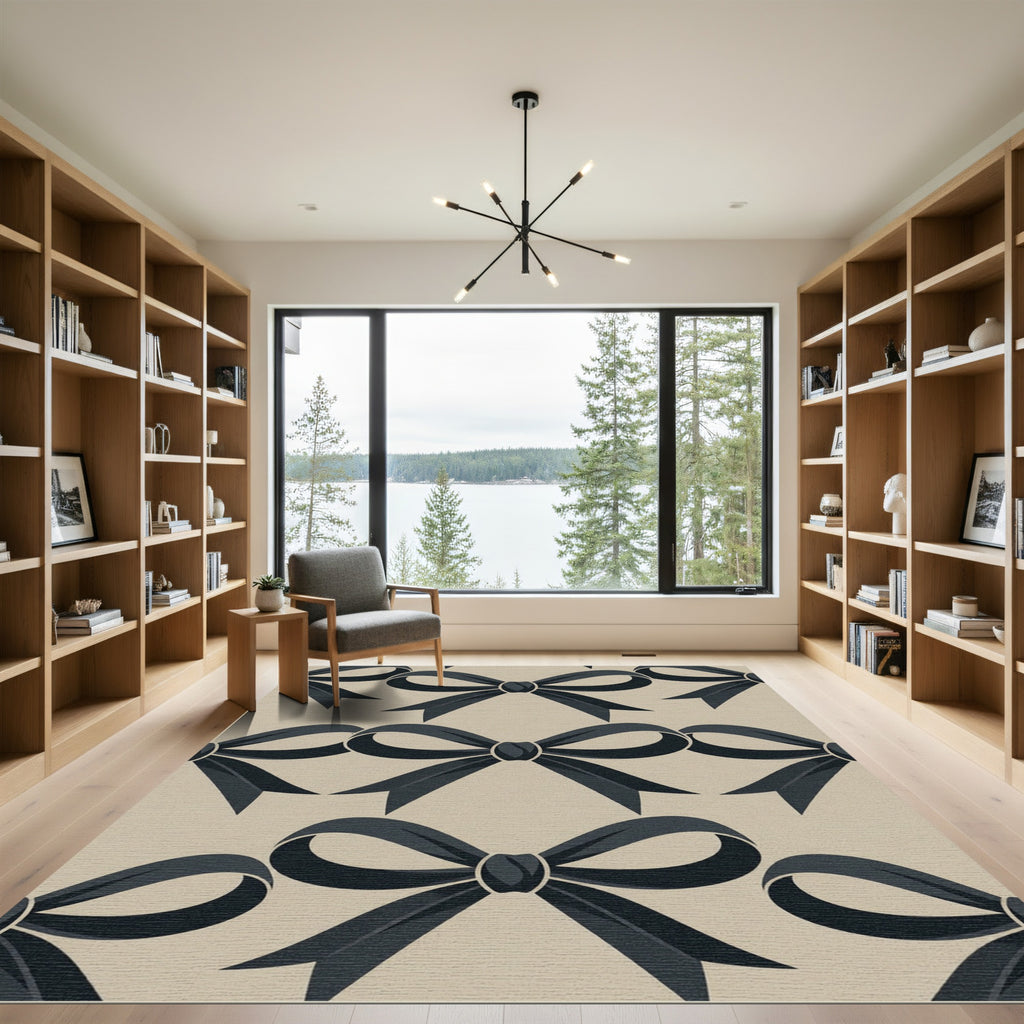 Elegant Charcoal Ribbon Bow Neutral Wallpaper Rug