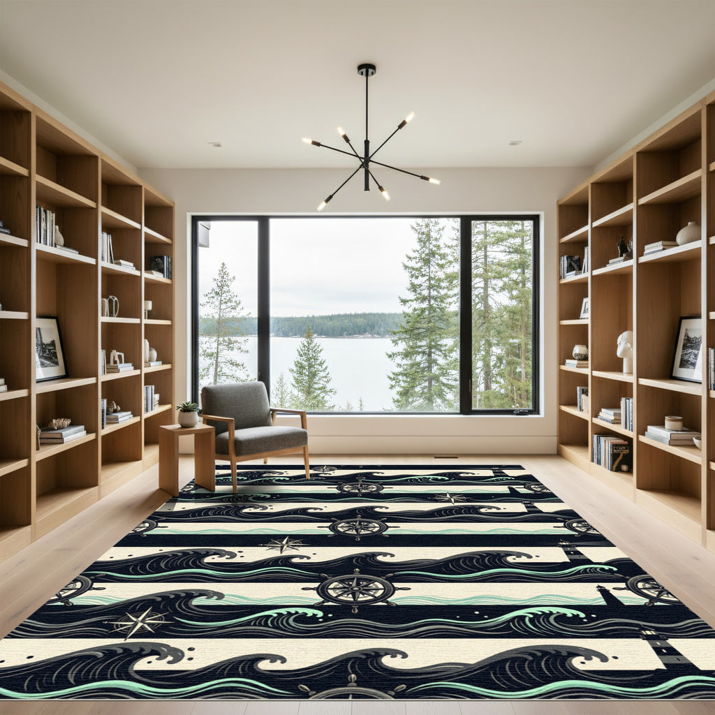 Nautical Black and Cream Wave Compass Rug