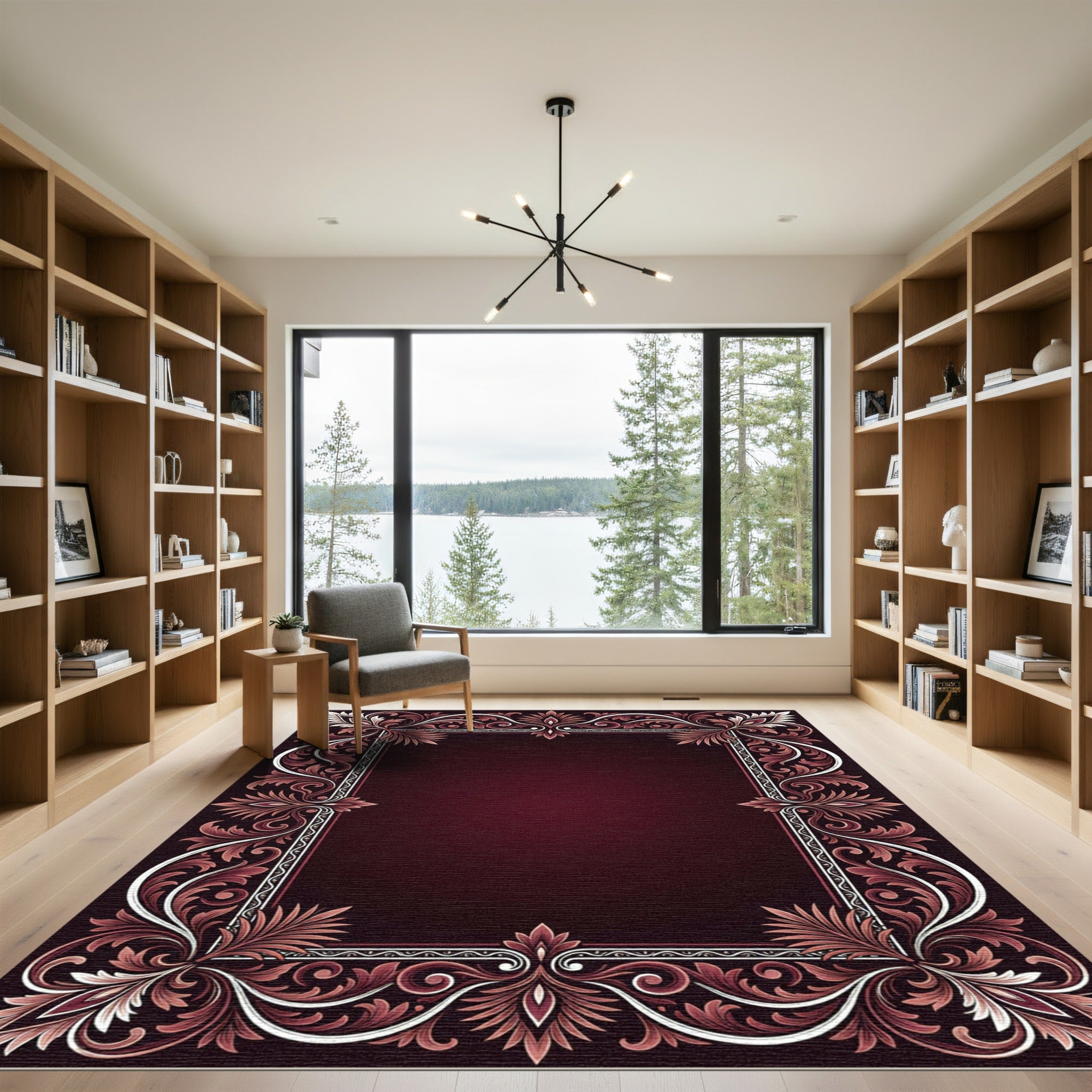 Deep Burgundy Antique Floral Frame Rug