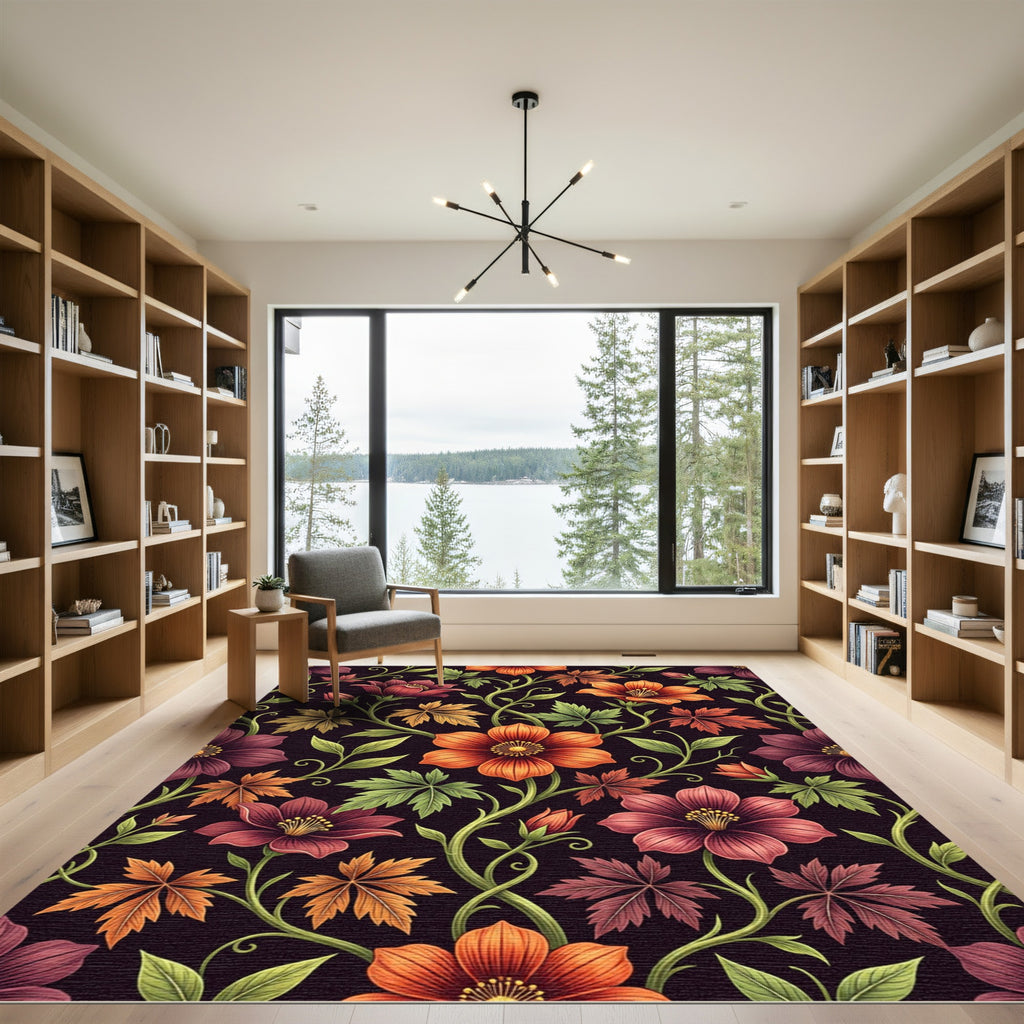 Autumnal Floral Vine Black Wallpaper Rug