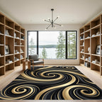 Elegant Black and Gold Swirling Abstract Rug