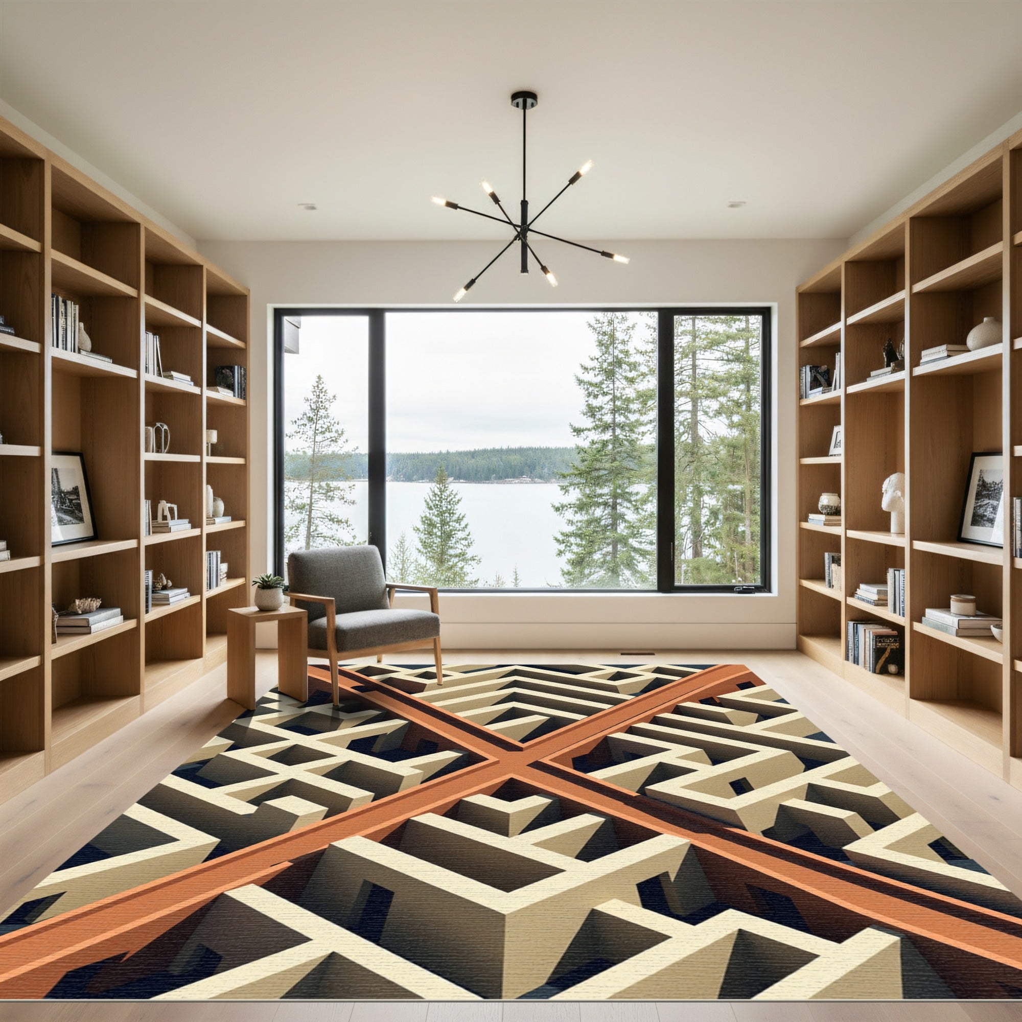 Modern Copper Geometric Maze Art Rug