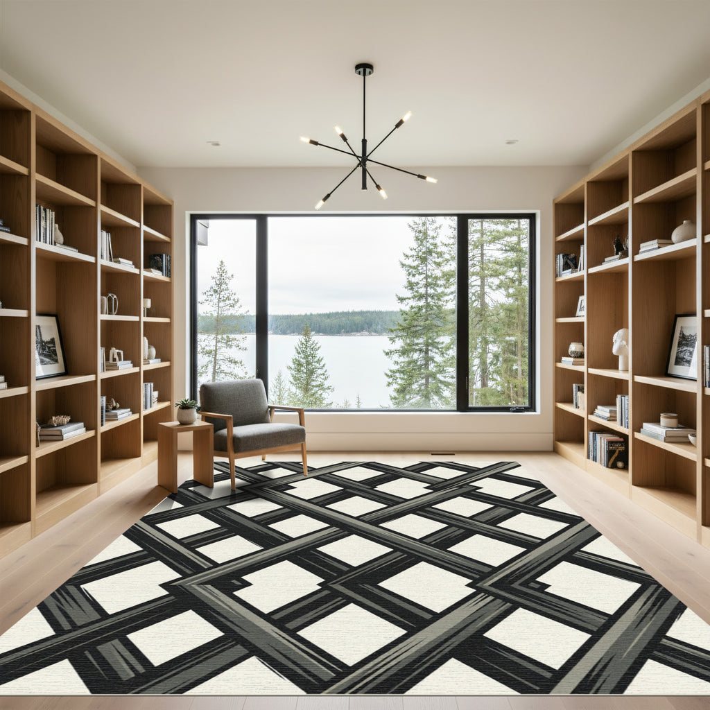 Modern Charcoal Intersecting Lattice Grid Rug