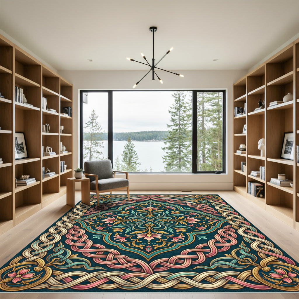 Ornate Teal Pink Floral Woven Medallion Rug