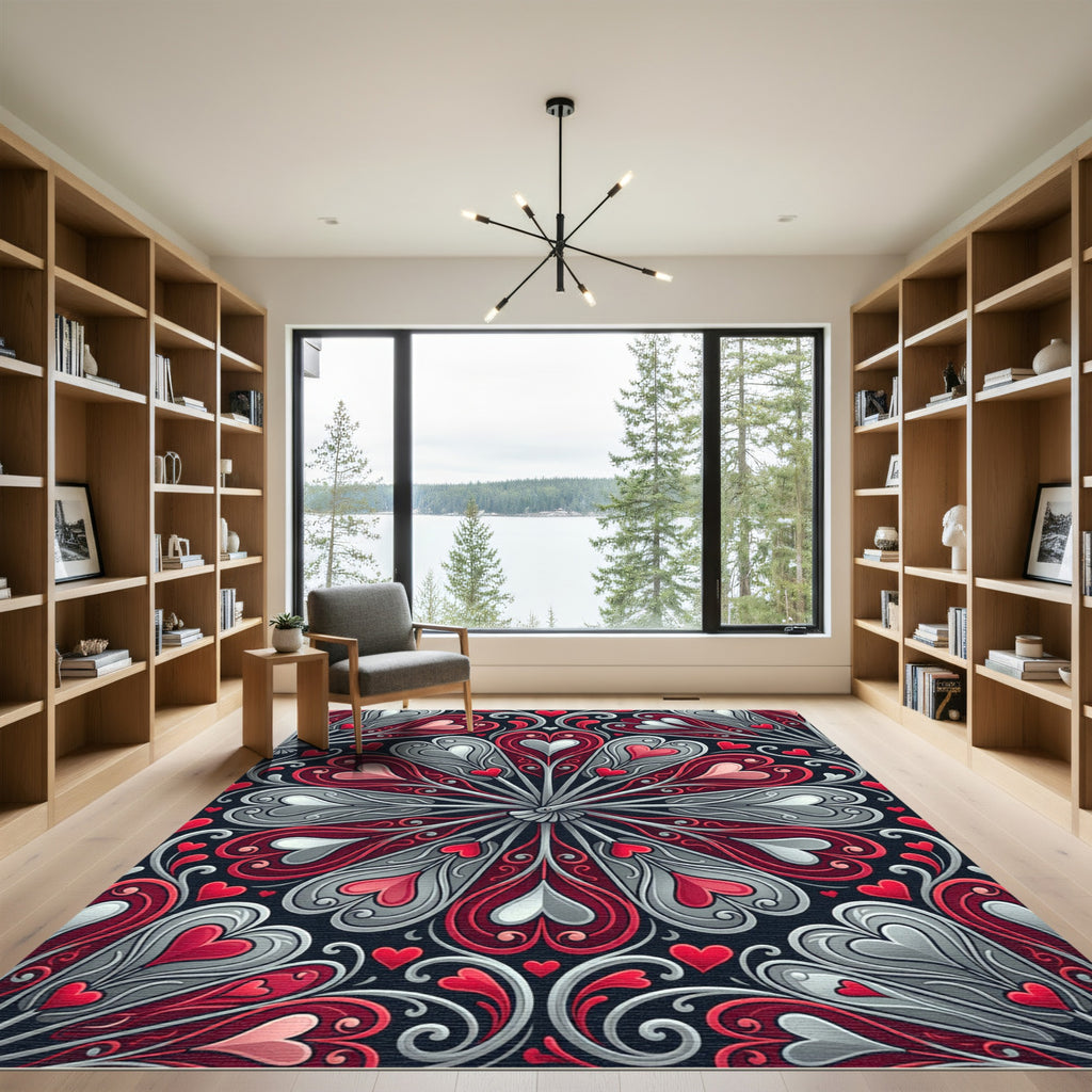 Romantic Red Heart Swirl Floral Rug