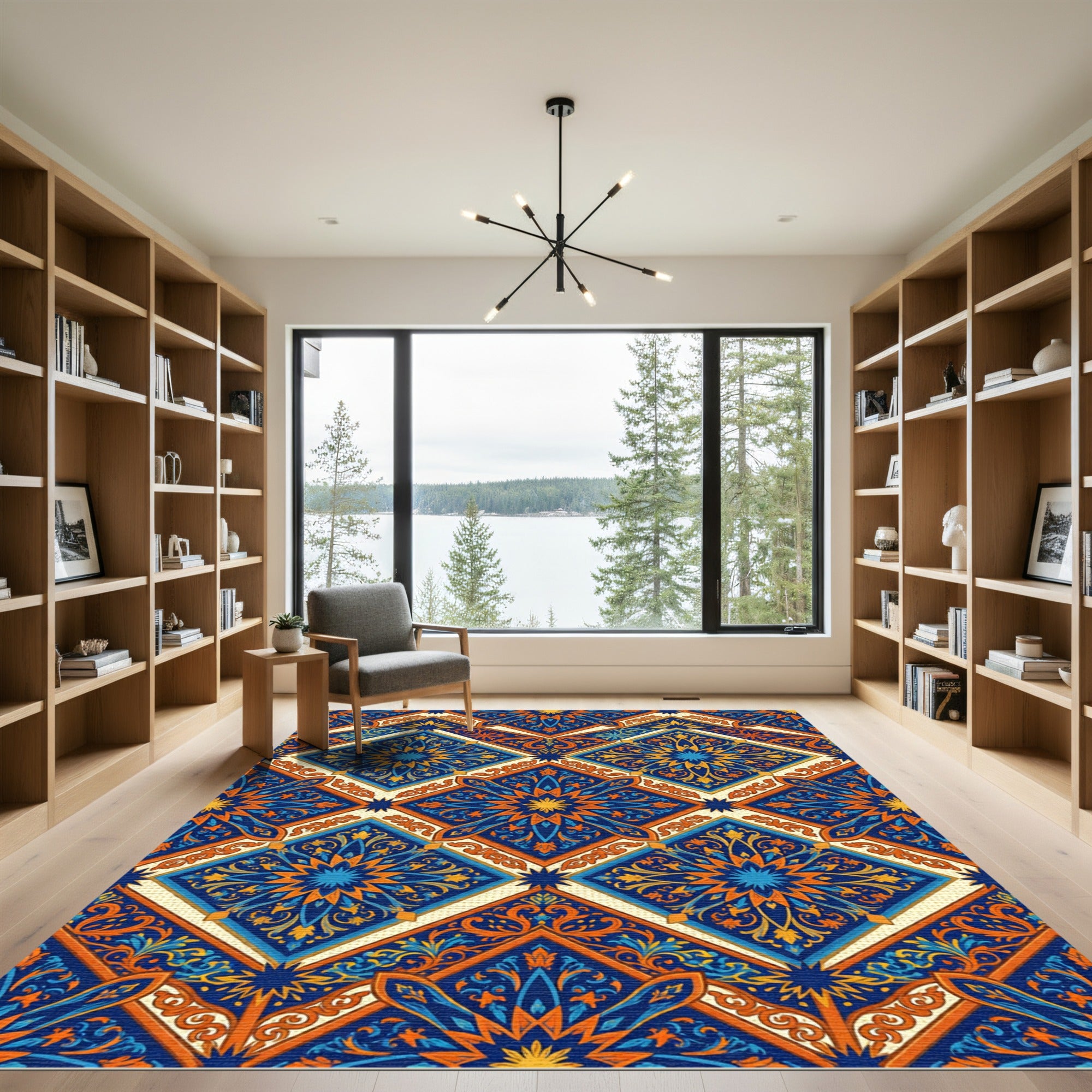 Vibrant Blue Orange Geometric Floral Medallion Rug