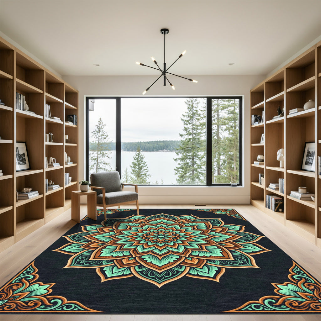 Teal and Amber Mandala Floral Medallion Rug