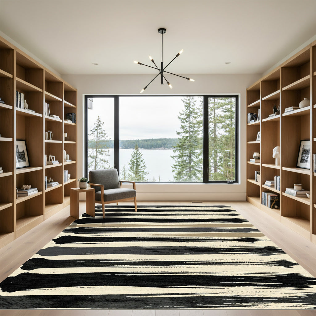 Textured Black Brush Stroke Stripes Rug