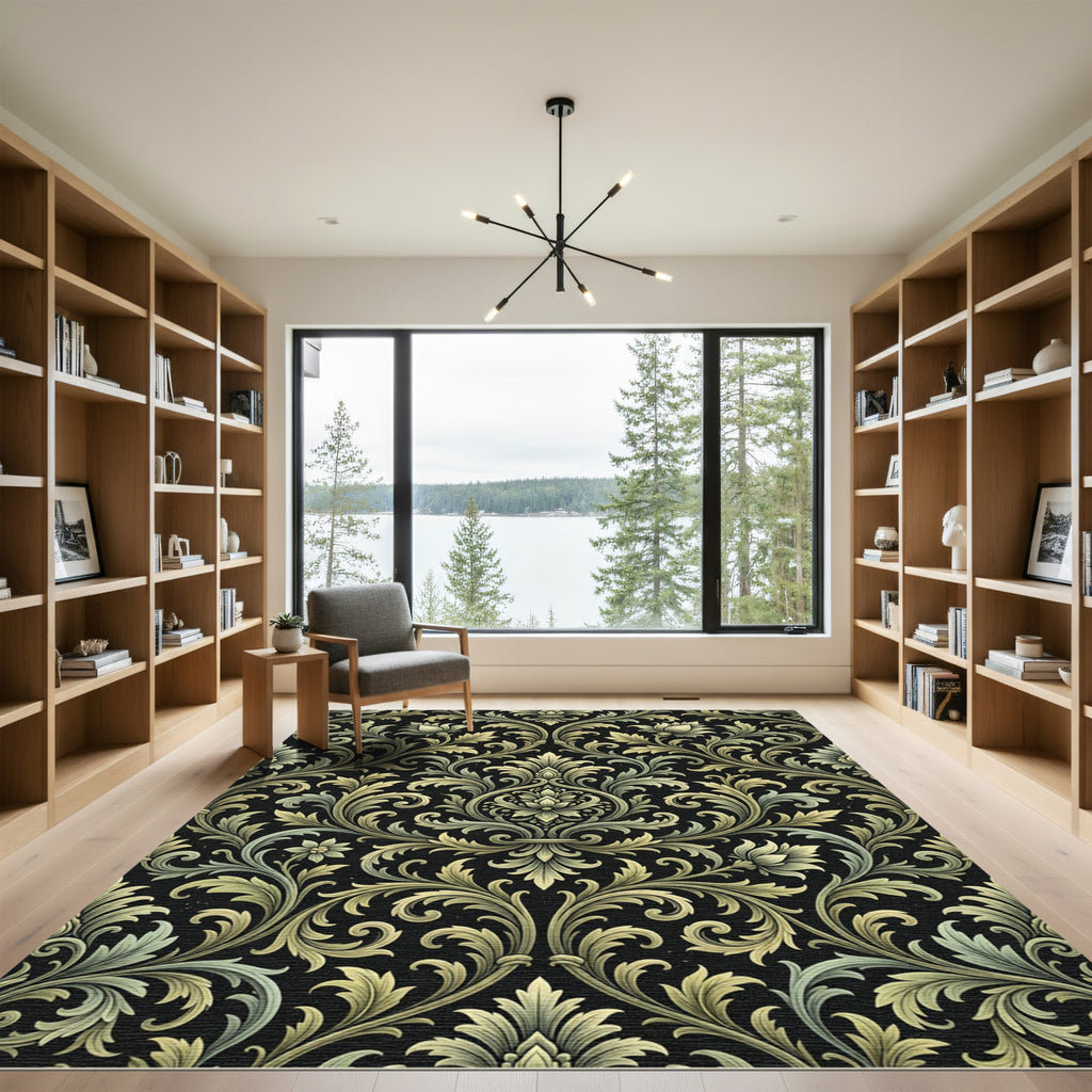 Elegant Sage Green Damask Scroll Rug